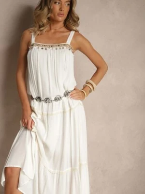 Biała Rozkloszowana Sukienka z Wiskozy z Metalicznymi Aplikacjami Sevinda rosa