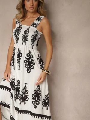 Biała Rozkloszowana Sukienka z Wiskozy z Ornamentnym Motywem Aloxe j&x