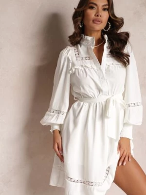 Biała Rozkloszowana Sukienka ze Stójką i Gumką w Talii Amrei bisou's project