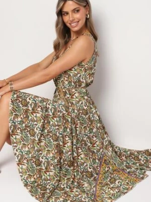 Zielono-Beżowa Rozkloszowana Wiskozowa Sukienka Bez Rękawów Eladea cflo