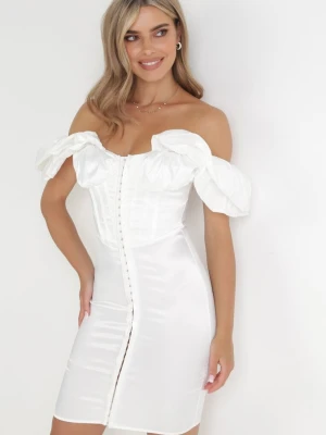 Biała Satynowa Sukienka Dopasowana z Bufiastym Rękawem Suse New Collection