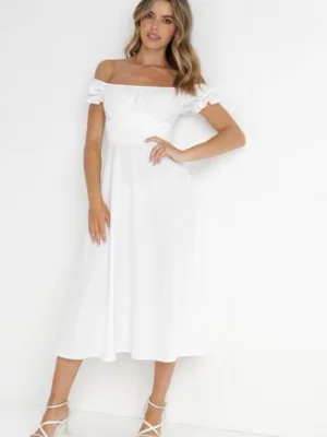 Biała Sukienka Midi z Dekoltem Carmen i Bufiastymi Rękawkami Amarhis