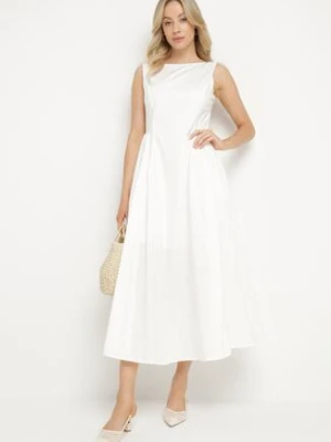 Biała Sukienka Bawełniana o Rozkloszowanym Fasonie z Dekoltem Łódką i Kieszeniami Elenira elsa.m by may