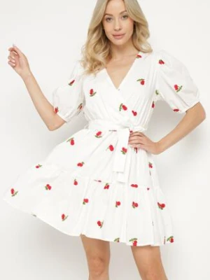 Biała Sukienka Bawełniana z Gumką w Pasie w Wisienki Alova retro & icone