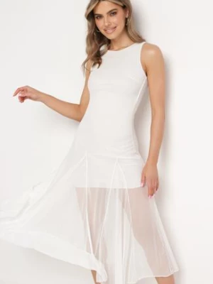 Biała Sukienka Bez Rękawów z Tiulowym Dołem Tekolia