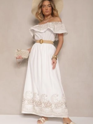 Biała Sukienka Boho o Kroju Hiszpanki Zdobiona Haftem i Paskiem z Klamrą Vallisca allyson