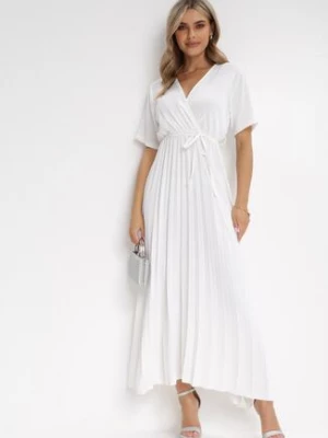 Biała Sukienka Plisowana Maxi z Wiązanym Paskiem Dianiza