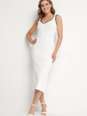 Biała Sukienka Dzianinowa o Taliowanym Kroju na Ramiączkach z Lamówką Zenlimi lovery