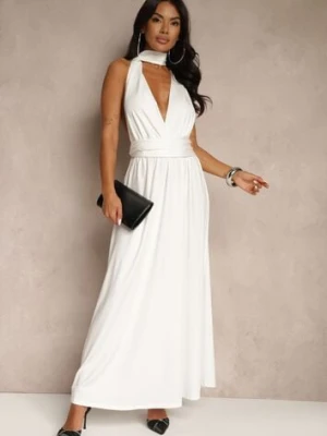Biała Sukienka Koktajlowa Multiway z Wiskozą Wiązana na Szyi Lilovea by swan
