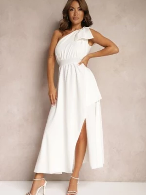Biała Sukienka Koktajlowa o Asymetrycznym Kroju na Jedno Ramię Ozdobiona Kokardą Vimorissa lovery