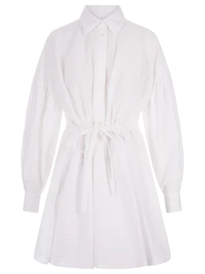 Biała Sukienka Koszulowa z Bawełny z Wytłaczanym Wzorem Msgm
