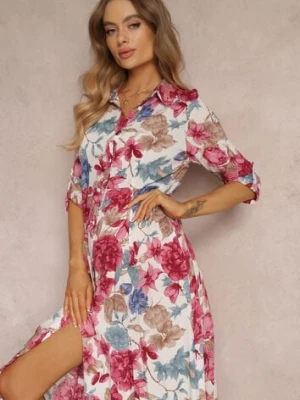 Biała Sukienka Koszulowa z Rozcięciem w Kwiaty Yamone rosa