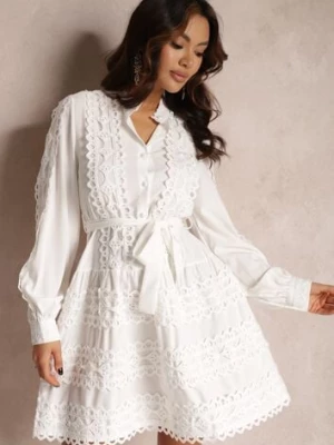 Biała Sukienka Koszulowa z Wiązanym Paskiem i Ażurowymi Taśmami Deme elsa.m by may