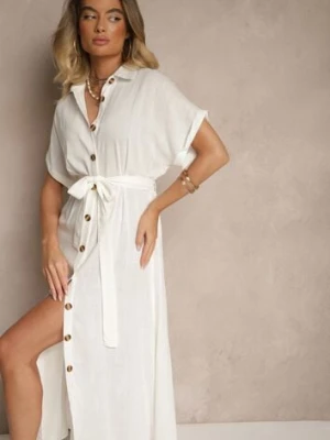 Biała Sukienka Koszulowa z Wiskozą i Lnem Ozdobiona Paskiem Lunie m&d fashion