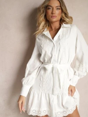 Biała Sukienka Koszulowa z Wiskozy z Bawełną Ozdobiona Paskiem i Koronką Korresil elsa.m by may
