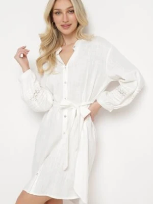 Biała Sukienka Koszulowa Zapinana na Guziki z Paskiem w Talii i Ozdobnym Rękawem Rigaudona bisou's project