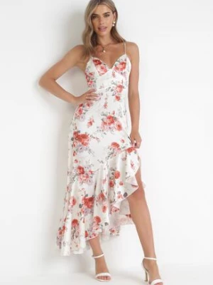 Biała Sukienka Maxi na Cienkich Ramiączkach z Asymetrycznym Dołem Nylas