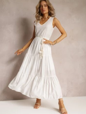 Biała Sukienka Maxi o Rozkloszowanym Fasonie z Ozdobnym Sznurkiem i Trójkątnym Dekoltem Zornitsa
