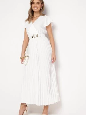Biała Sukienka Maxi Plisowana z Kopertową Górą Rozkloszowany Fason Anelea