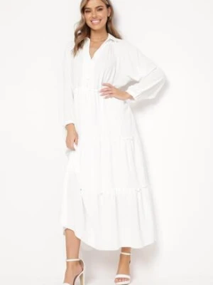 Biała Sukienka Maxi Rozkloszowana z Kołnierzykiem i Falbankami Eweneme melya by melody