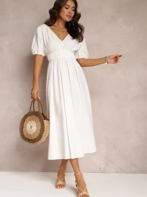 Biała Sukienka Midi z Gumką w Talii ze Skrzyżowanymi Paskami na Plecach Jorlyn retro & icone