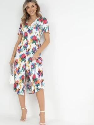 Biała Sukienka Midi z Guzikami i Marszczoną Gumką w Pasie Dasia retro & icone