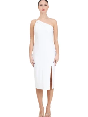 Biała Sukienka Midi z Jednym Ramieniem i Złotym Detalem Ralph Lauren