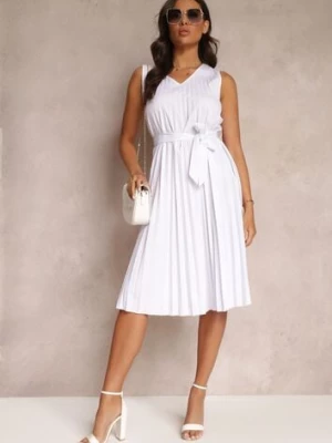 Biała Sukienka Midi z Plisowanej Tkaniny z Materiałowym Paskiem Eudoxia cflo