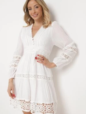 Biała Sukienka Mini z Ażurowymi Wstawkami i Gumką w Talii Raliasa bisou's project