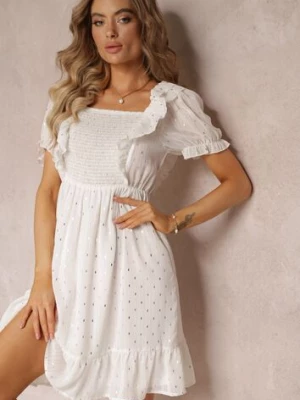 Biała Sukienka Mini z Gumką w Talii i Wiązaniem na Plecach Olitisa