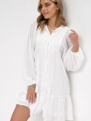 Biała Sukienka Mini z Ozdobnym Wiązaniem i Koronką Menet