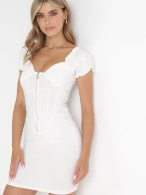 Biała Sukienka Mini Zapinana na Suwak z Bufiastym Rękawem Jerusa
