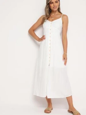 Biała Sukienka na Cienkich Regulowanych Ramiączkach Zapinana na Guziki Palfea rosa