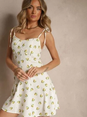 Biała Sukienka na Cienkich Wiązanych Ramiączkach w Cytrynowy Print Efrinira lovery