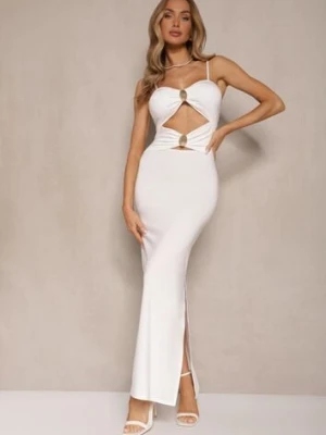 Biała Sukienka na Ramiączkach o Dopasowanym Kroju z Wycięciami i Ozdobami w Złocie Galivena giorgia