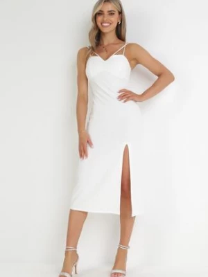 Biała Sukienka na Ramiączkach z Rozcięciem Sophiya by swan