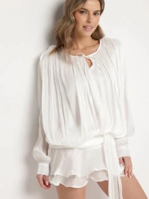 Biała Sukienka o Bufiastym Kroju z Falbanami Trenem i Wiązaniem Lunalina elsa.m by may