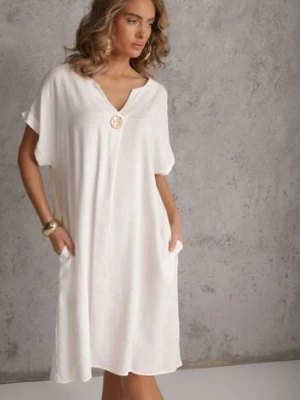 Biała Sukienka o Pudełkowym Kroju z Lnem i Wiskozą Zdobiona Guzikiem Mezynore rosita