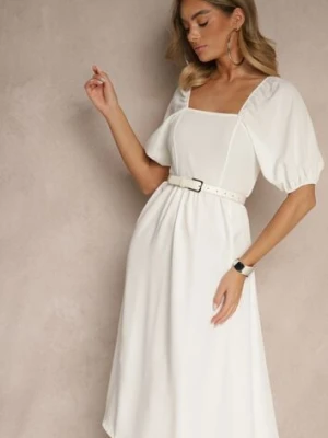 Biała Sukienka o Rozkloszowanym Kroju Ozdobiona Bufiastymi Rękawami Kolalira lovery