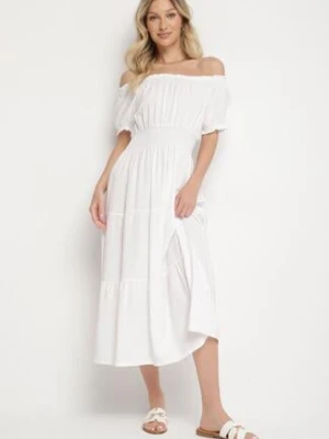 Biała Sukienka o Rozkloszowanym Kroju z Dekoltem Typu Łódka Miranea j&x