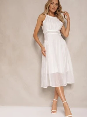 Biała Sukienka o Rozkloszowanym Kroju z Wiązaniem Zdobiona Tłoczeniem Nimirelle rosa