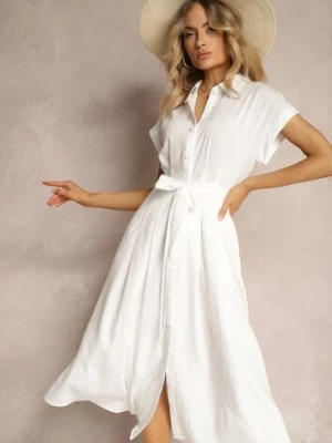 Biała Sukienka o Rozkloszowanym Kroju Zapinana na Guziki z Materiałowym Paskiem Moaril unigirl