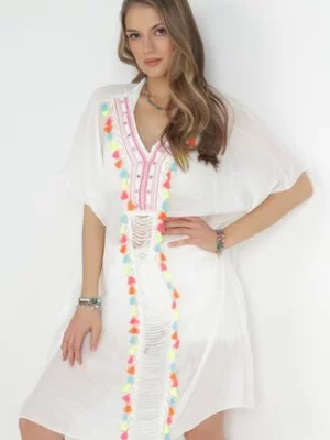 Biała Sukienka Oversize z Frędzlami w Stylu Boho Tekkah