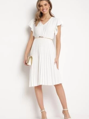 Biała Sukienka Rozkloszowana Midi z Plisowanym Dołem Sabara