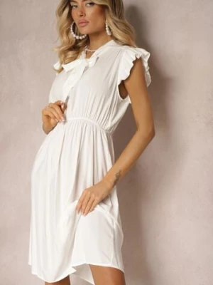 Biała Sukienka Rozkloszowana z Gumką w Talii i Wiązaniem przy Dekolcie Naque