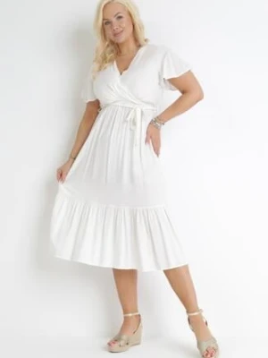 Biała Sukienka Rozkloszowana z Wiązanym Paskiem Firiel h&s