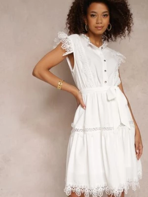 Biała Sukienka Rozkloszowana z Wiązanym Paskiem i Koronką Oninka allyson