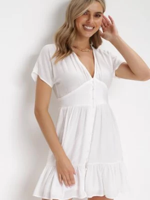 Biała Sukienka Szmizjerka Mini z Falbanką i Ozdobnymi Guzikami Nenka retro & icone