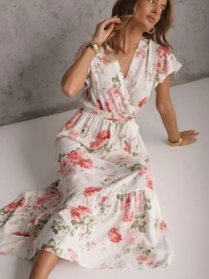 Biała Sukienka w Kwiaty o Kopertowym Kroju z Wiązanym Paskiem Iphene cflo