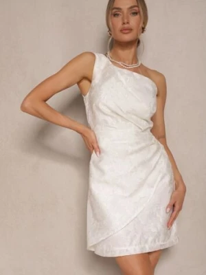 Biała Sukienka w Kwiaty o Taliowanym Fasonie z Asymetryczną Górą na Jedno Ramię Halavira retro & icone